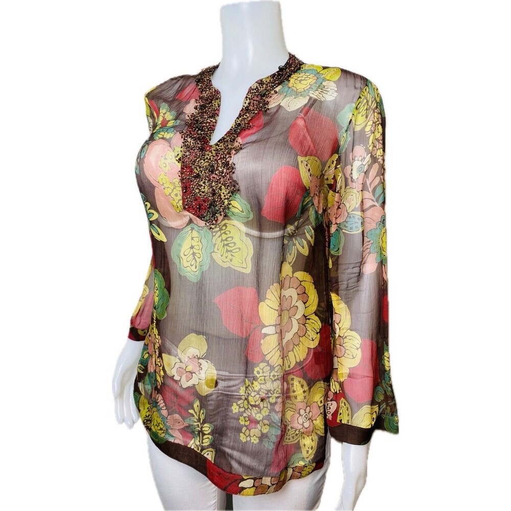 F. Lafayette 148 New York Silk Tunic 4 Embroidered Blouse Long Sleeve V Neck